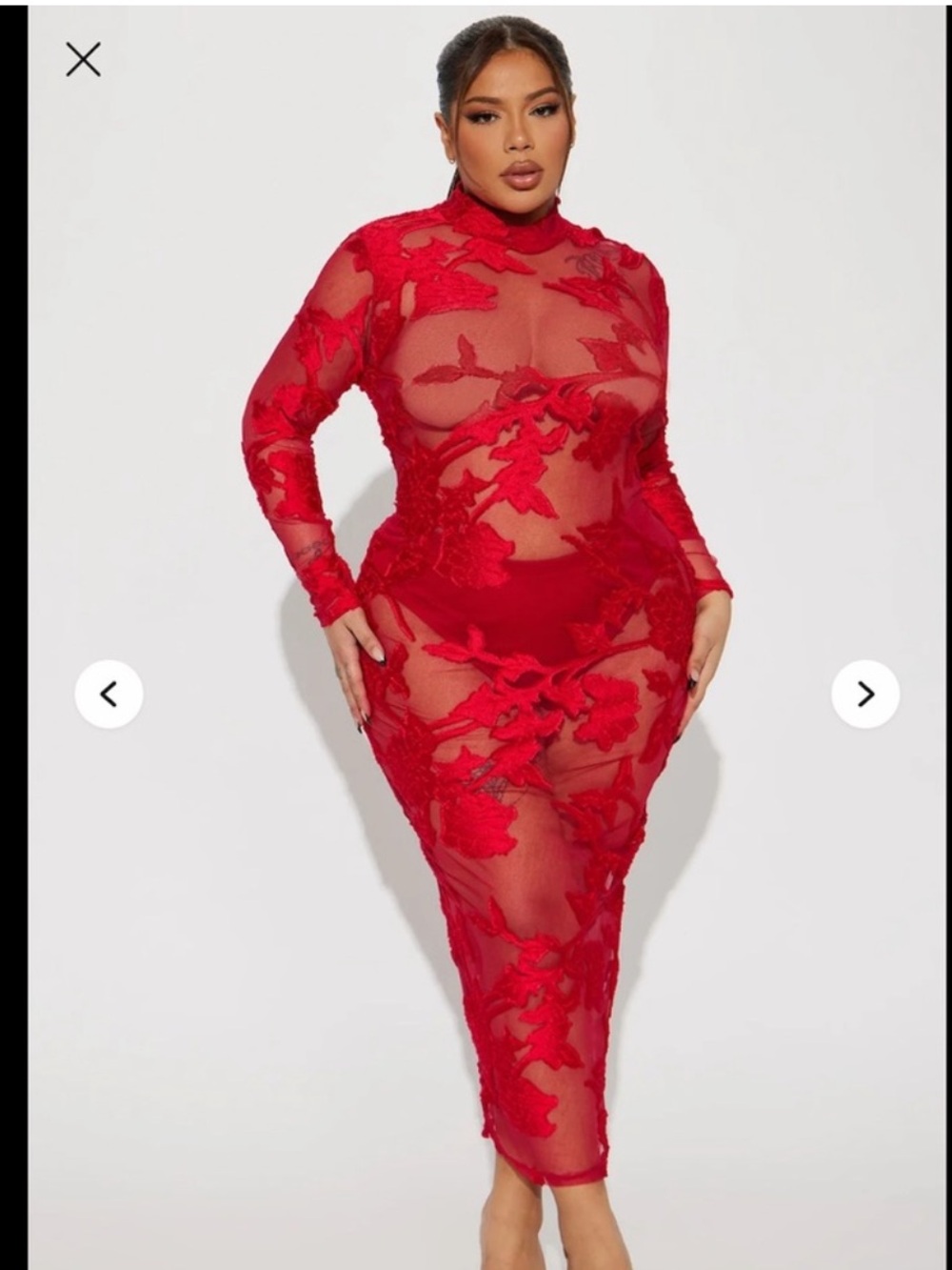 Sheer Floral Appliqué Bodycon Dress - Red